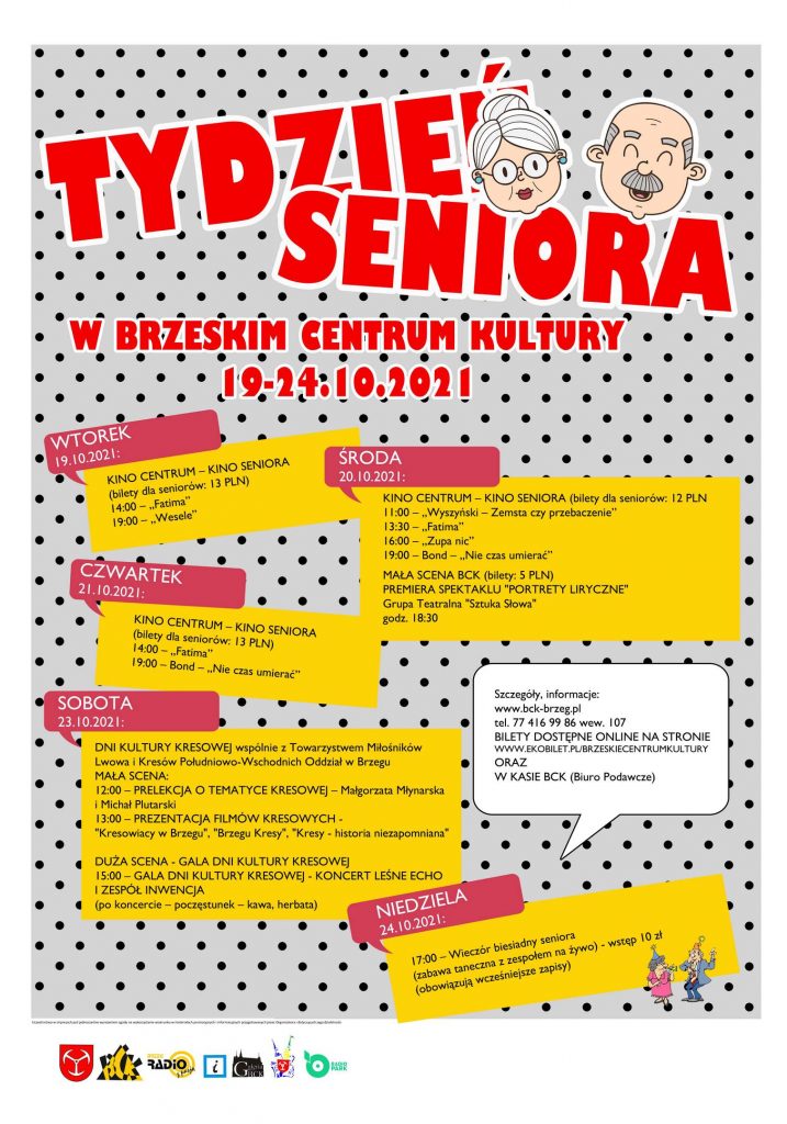 Plakat przedstawiający program Tygodnia Sceniora w Brzeskim Centrum Kultury